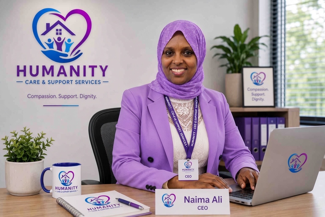 Naima Ali, CEO of Humanity CSS, at her desk