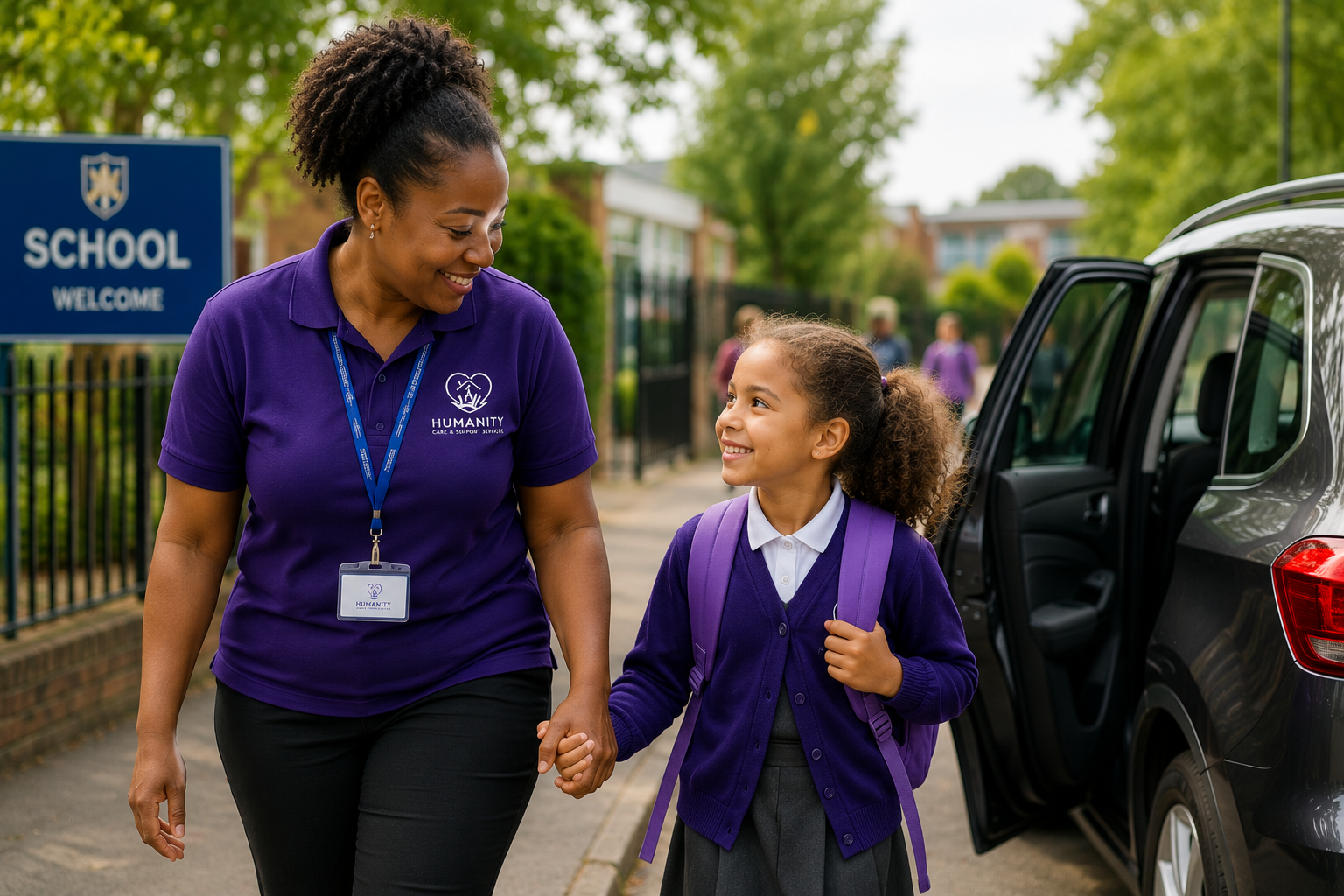 Humanity CSS driver walking a child into school from the car