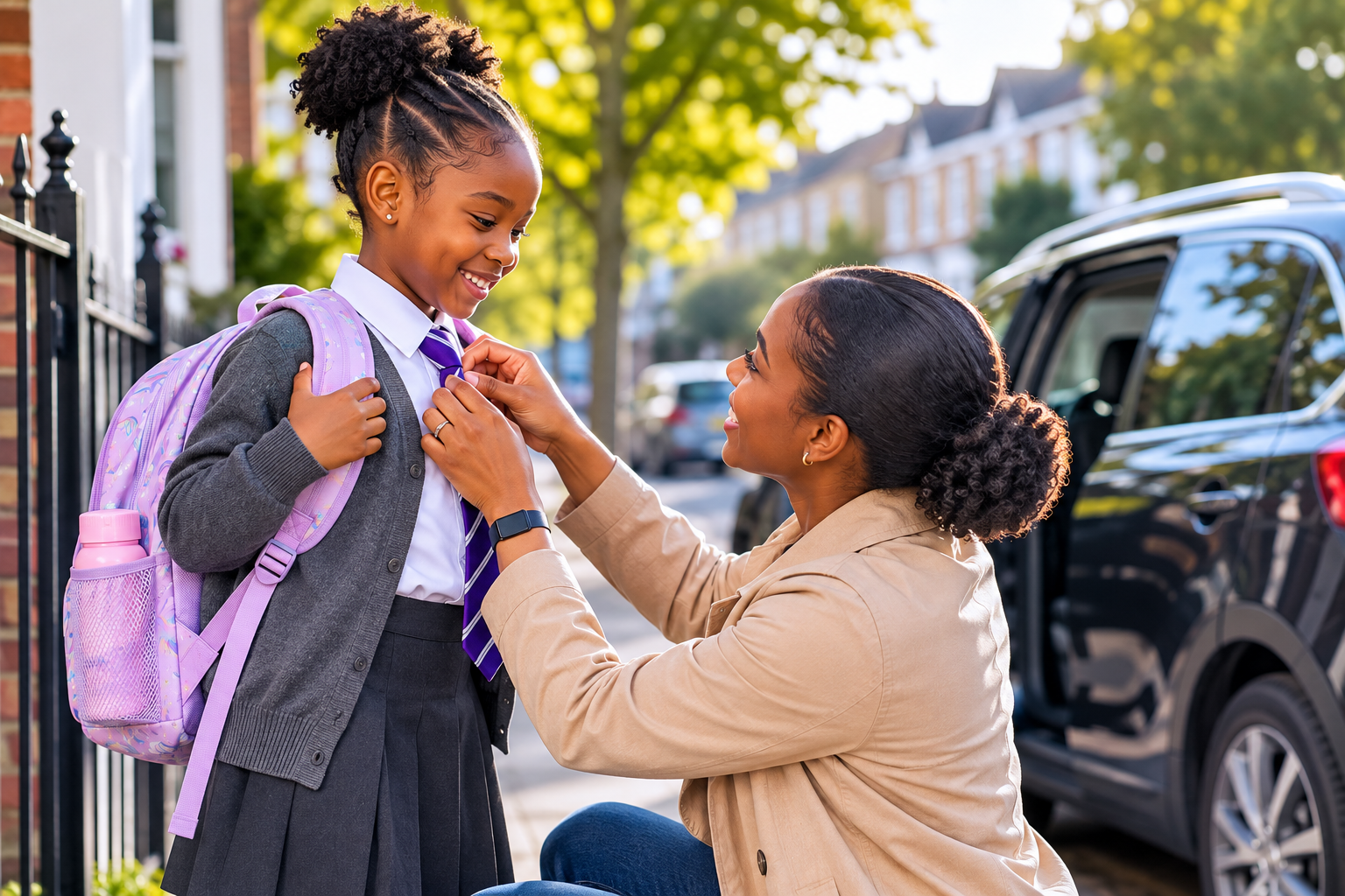 Parent getting their daughter ready for the school run